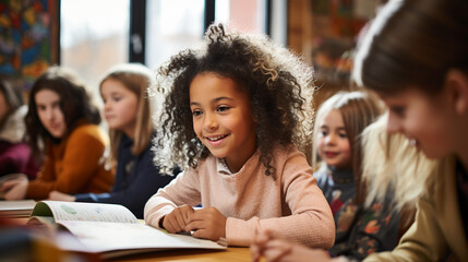 Multiethnic elementary school children actively engage in a teacher-led lesson in a classroom, photography.