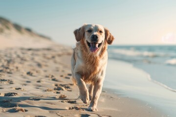 A joyful golden retriever runs along a sandy beach, capturing the essence of a sunny day by the sea with its playful spirit and vibrant surroundings