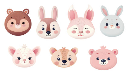 A set of cartoon animal faces with a variety of expressions. The faces include a rabbit, a bear, a deer, a rabbit, a bear, a deer, and a rabbit