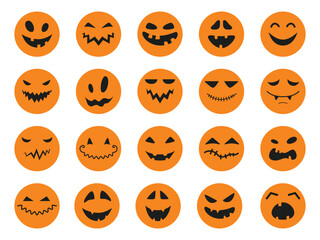 Collection of funny and scary round orange stickers with a faces for Halloween. Vector illustration isolated on white background