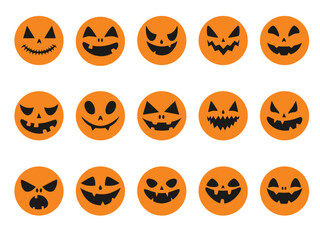 Collection of funny and scary round orange stickers with a faces for Halloween. Vector illustration isolated on white background