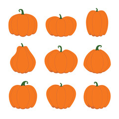 Collection of orange flat pumpkins. Vector illustration isolated on white background