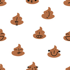 Cute poop emoticons pattern. cartoon naive art style. Template for Notebook covers, pattern for wallpapers, textile. hand-drawn vector art. funny art background with faces. Repeat pattern