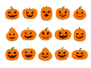 Collection of a funny Halloween orange pumpkins - Jack o'lanterns. Illustration on transparent background