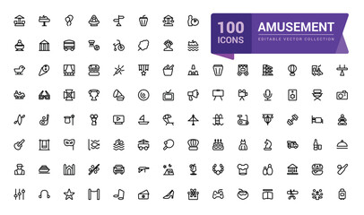 Amusement icon collection. Set of outline icons related to entertainment. Linear icon collection. Editable vector stroke.