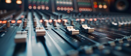 Fototapeta premium A close-up view of a professional audio mixing console, showcasing sliders and illuminated buttons, emphasizing depth and detail in a modern recording studio environment
