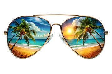Reflective sunglasses with palm tree image. Insulated on a transparent background.