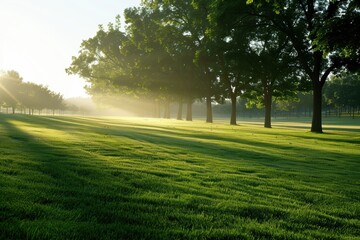Obraz premium A serene morning scene featuring a sunlit grassy field with trees casting long shadows, creating a peaceful and tranquil atmosphere