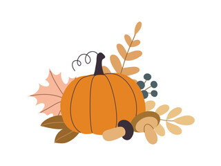 Autumn pumpkins and forest leaves and mushrooms isolated on white background