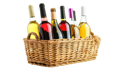 Assorted wines in wicker basket on transparent background