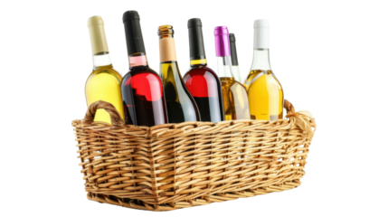 Assorted wines in wicker basket on transparent background