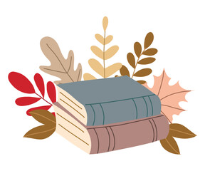 Autumn study mood. Forest leaves and books isolated on white background. Seasonal Autumn vibes design for greeting cards, web or poster