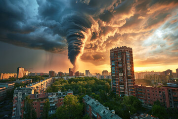 Fototapeta premium Large tornado is approaching the city. Global warming, climate change.