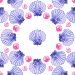 Marine seamless pattern of shiny pink pearls, shells frame wreath. Watercolor illustration Underwater background. Ocean nature. On white. Summer vibes, Sea bottom. For fabric, wrapping decor gift