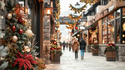 Fototapeta premium Festively decorated street with Christmas lights and decorations, and people strolling in the background, creating a warm holiday atmosphere.