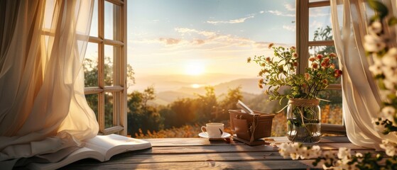 Serene sunrise view through an open window with flowing curtains, flowers, a book, and a cup of...