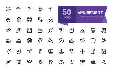 Amusement icon collection. Set of outline icons related to entertainment. Linear icon collection. Editable vector stroke.