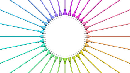 Kreis aus bunten Stromkabeln mit Steckern