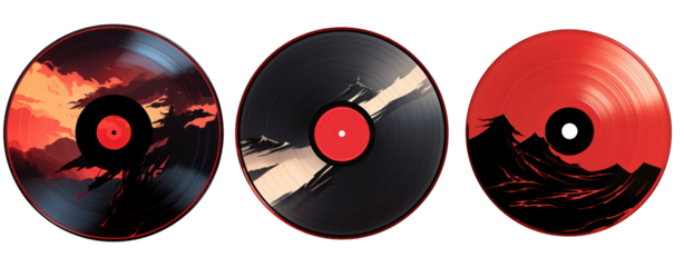 set of black red abstract art on record vinyl cut out transparent background
