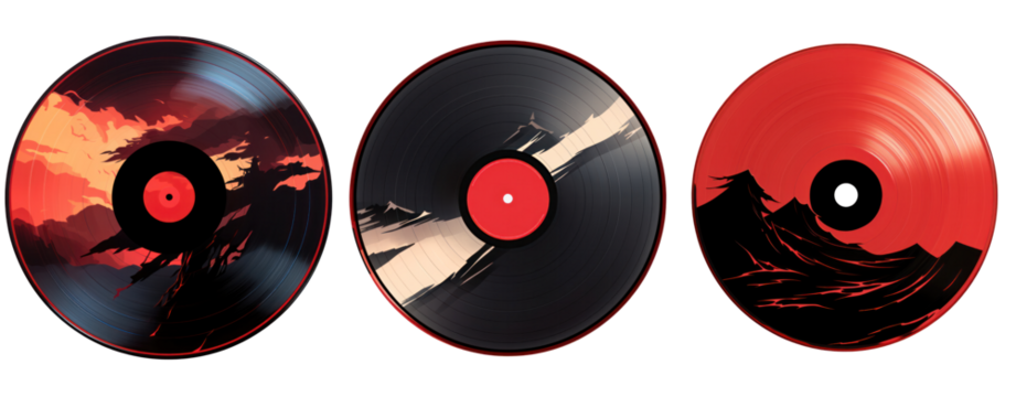 set of black red abstract art on record vinyl cut out transparent background