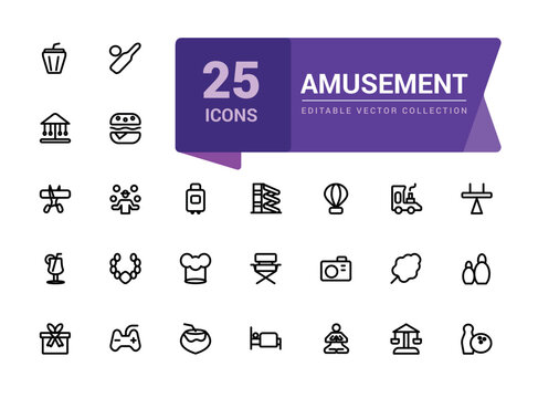 Amusement icon collection. Set of outline icons related to entertainment. Linear icon collection. Editable vector stroke.