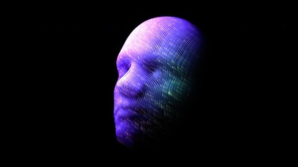 Movement of bright glowing lines on 3D human face. Abstract concept of data science, visualization of data analysis and digital data flow. 4K artificial intelligence (AI) video, black background