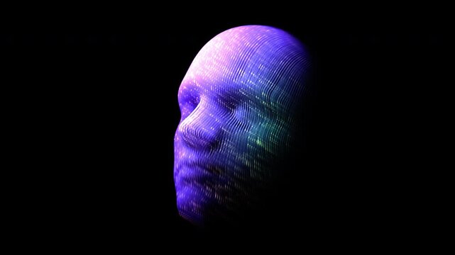 Movement of bright glowing lines on 3D human face. Abstract concept of data science, visualization of data analysis and digital data flow. 4K artificial intelligence (AI) video, black background