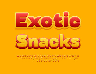 Vector advertising poster Exotic Snacks. Yellow and Red cool Font. Stylish Alphabet Letters and Numbers set.