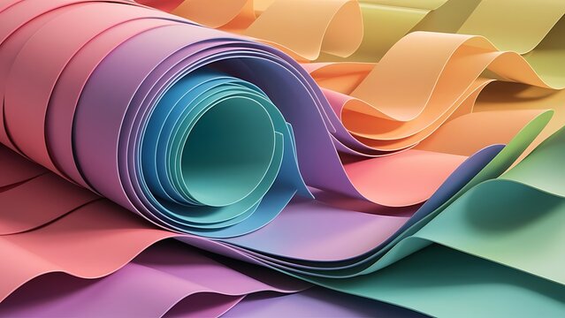 Abstract 3d ribbon or strip rolled up, rainbow colored waving layers.