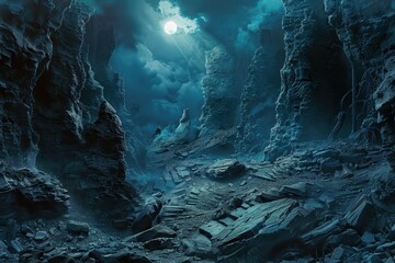 Mystical moonlit cavern with towering rock formations