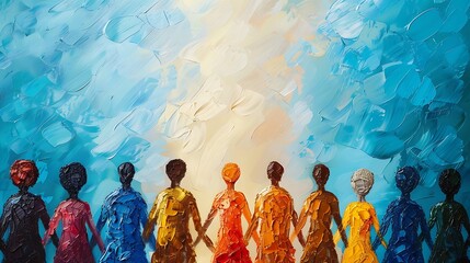 Naklejka premium An oil painting of a diverse group of people holding hands, symbolizing global mental health awareness (World Mental Health Day)