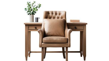 A wooden desk paired with a leather chair and a potted plant, showcasing an elegant and comfortable workspace setup.