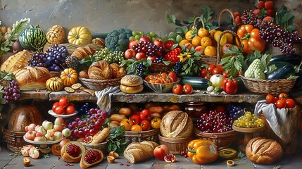 Fototapeta premium An oil painting of a farmer's market overflowing with colorful fruits, vegetables, and baked goods (World Food Day)