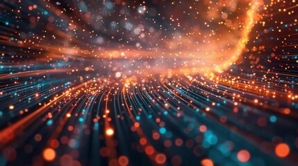 Abstract glowing lines and particles background. Orange and blue light effects. Futuristic technology concept.