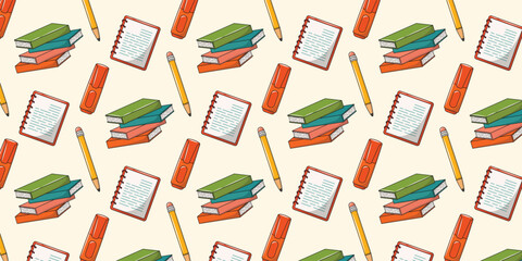 Back to school seamless pattern with stationery. Background or pattern with vector educational elements. Notebook, pencil, marker, books, textbooks, orange and yellow color palette.