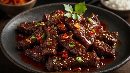 Free Photo Tender strips of crispy beef, coated in a fiery chili sauce that sizzles on the palate ai