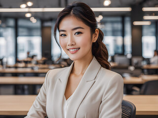 Naklejka premium Portrait of Asian business woman, arms crossed looking camera. Happy smiling mid businesswoman standing in office with copy space. Confident woman formalwear standing in workplace. AI generated