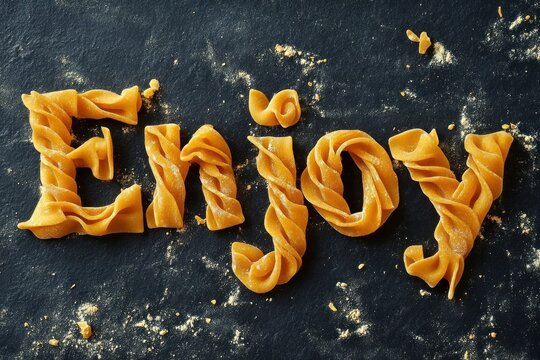 Enjoy - word enjoy written with raw pasta on dark stone background