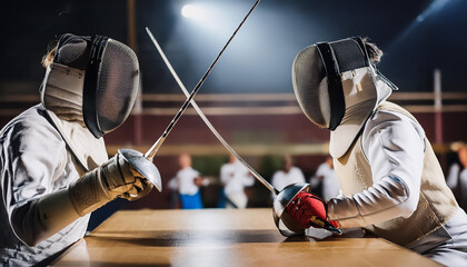 Two fencers in a fierce duel, with swords clashing, wearing protective gear, and a referee watching closely.