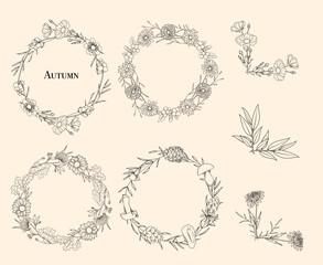 Line art autumn wreaths and floral corners, line art drawing, botanical vector illustration, floral border set