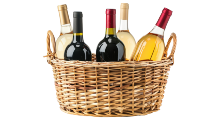 Assorted wines in wicker basket on transparent background
