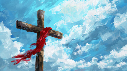 Cross and red cloth: love and sacrifice. Wooden cross with red cloth against a cloudy sky. Toned