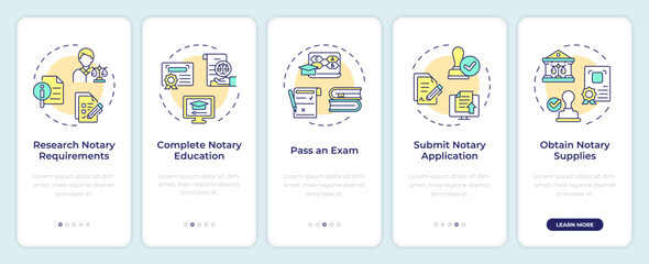 Notarization graduation onboarding mobile app screen. Walkthrough 5 steps editable graphic instructions with linear concepts. UI, UX, GUI template. Montserrat SemiBold, Regular fonts used