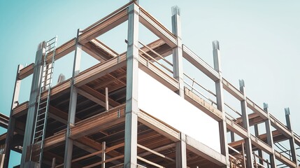 Industrial building under construction with a blank billboard mockup for your text or logo on a sunny day with a blue sky background