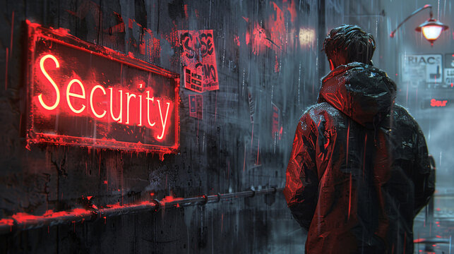 Atmospheric digital illustration of a person in a rainy cyberpunk environment with neon lights displaying the word "Security," blending technological themes 