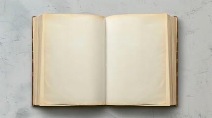 Naklejka premium Open book with blank pages on a white marble background. Top view.