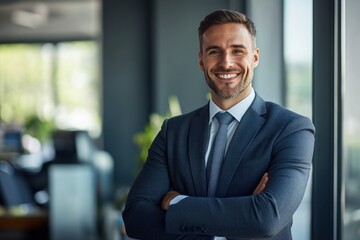 Fototapeta premium Happy successful businessman or company employee standing in office looking at camera , ai