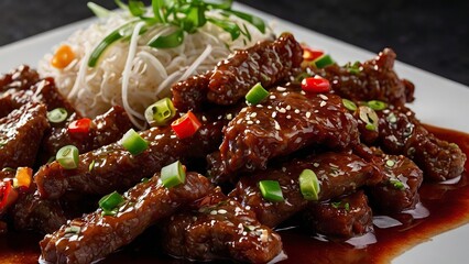 Free Photo Tender strips of crispy beef, coated in a fiery chili sauce that sizzles on the palate ai