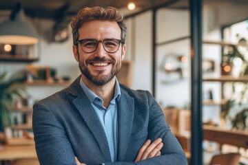 Fototapeta premium Happy successful businessman or company employee standing in office looking at camera , ai