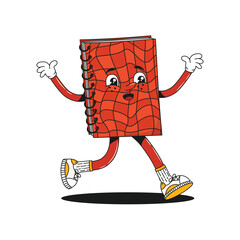 Notebook, notepad. Mascot for stationery, social media, posters, products isolated on white background. Back to school funny groovy retro vintage psychedelic stationery character. Editable stroke.